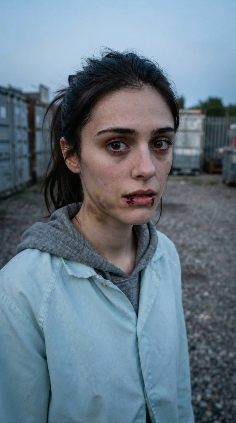 A woman with a bloody lip stands still, something shifting in her eyes.