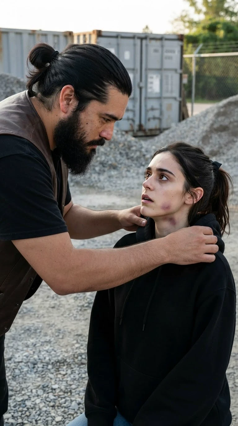 A big bearded man drapes his hoodie over a shaking woman's shoulders.