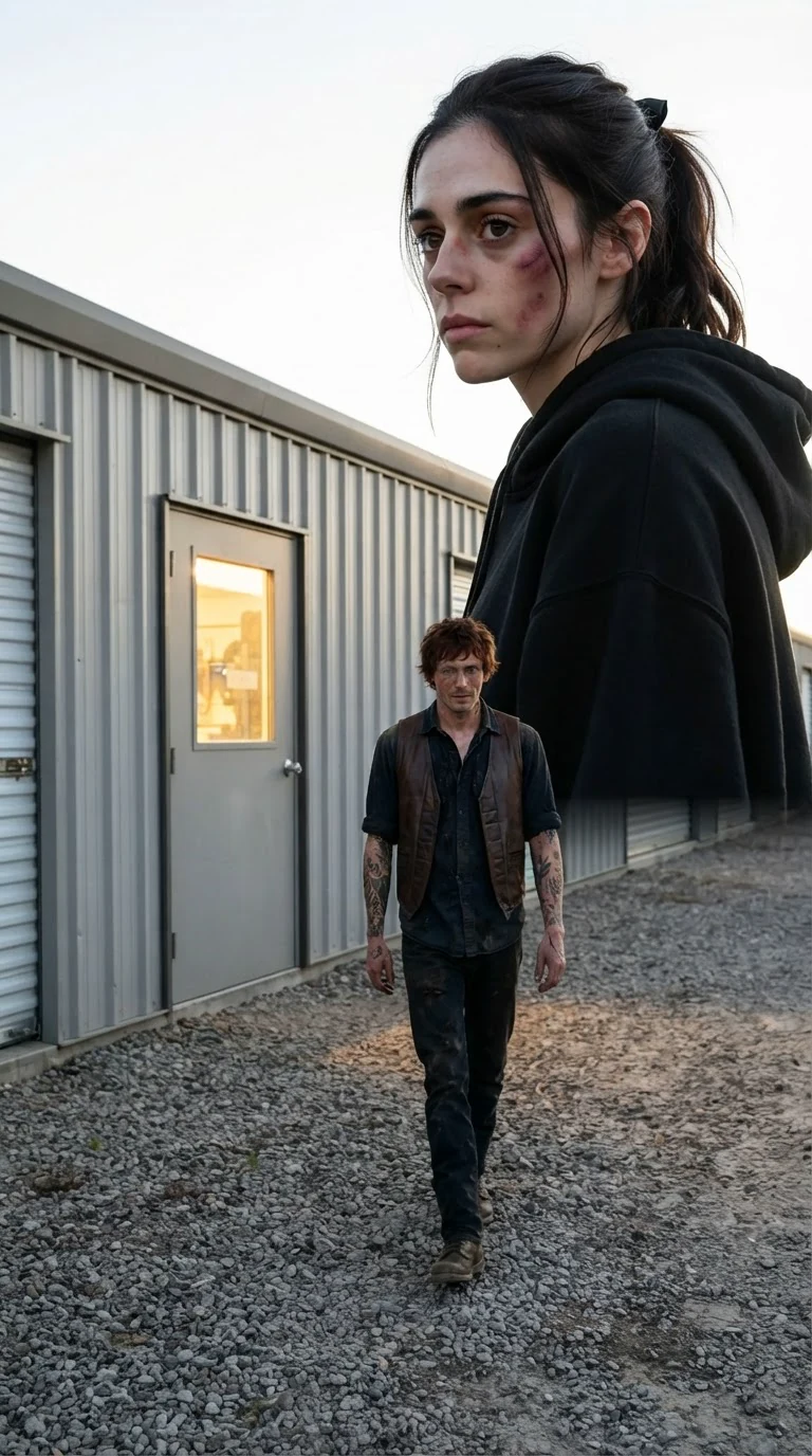 A red-haired biker walks toward a storage office door while a woman watches.
