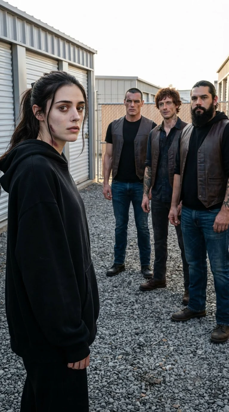 A bruised woman in an oversized hoodie looks at three bikers standing on a gravel lot.