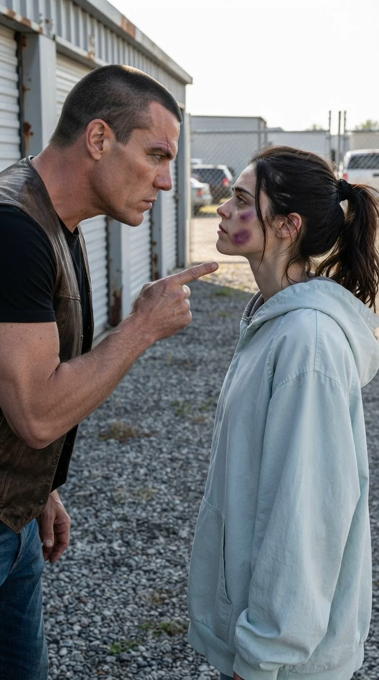 A scarred biker points at a woman, telling her not to go back inside.