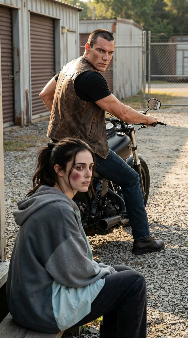A biker on his motorcycle looks back at a bruised woman standing in the gravel.