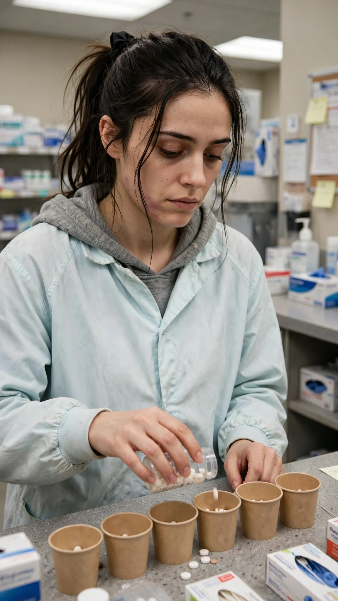 A tired young woman in a clinic smock counts pills behind a counter.