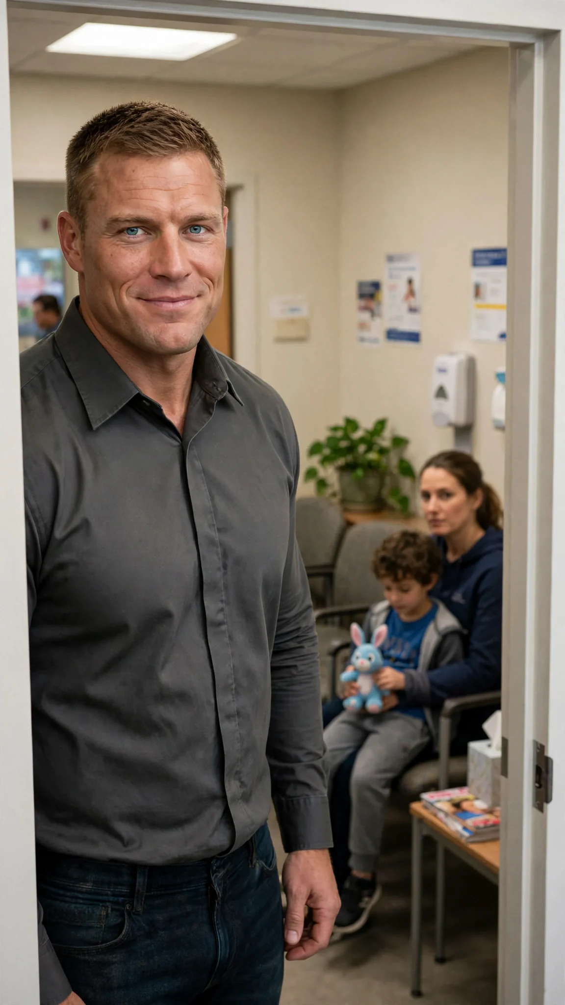 A broad man in a work shirt fills the clinic doorway with a hard smile.