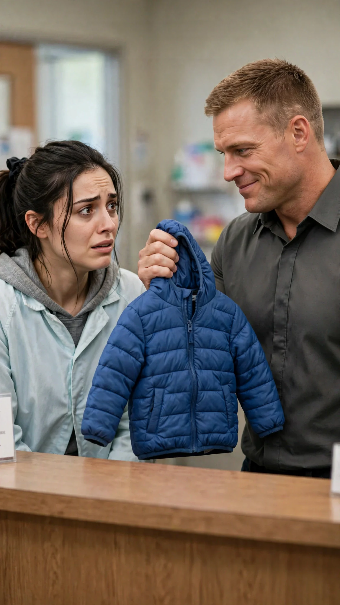 The man holds a small blue child's jacket and smiles like he already won.