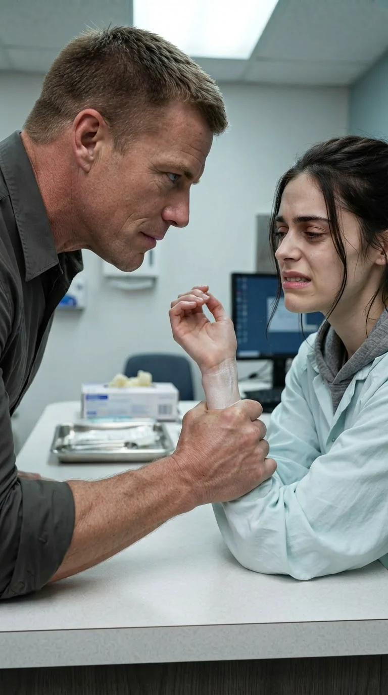 The man grips the woman's wrist hard across the counter.