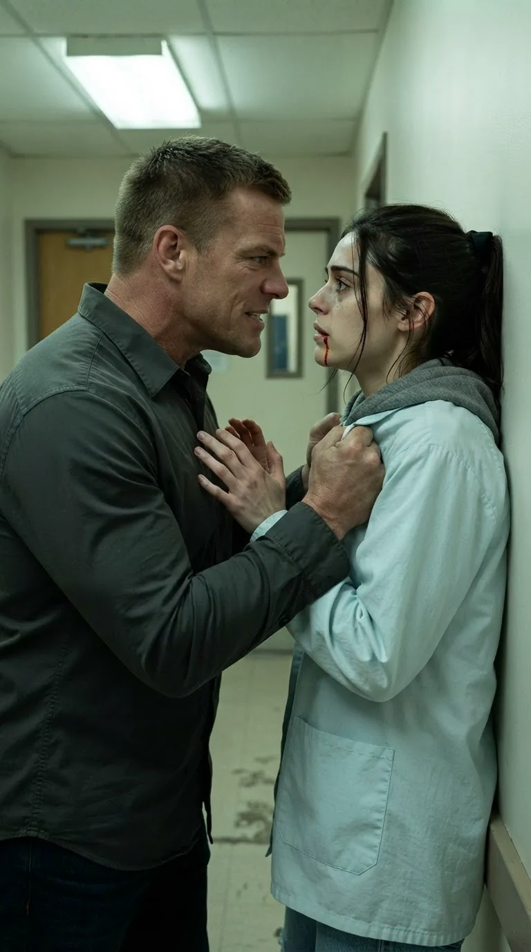 The man shoves the woman into the clinic wall, blood at her lip.