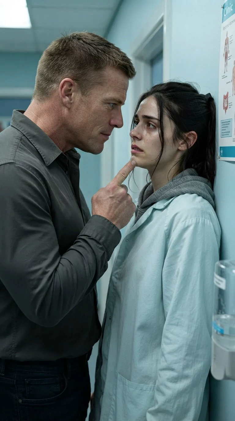 The man points a finger in the woman's face while she stands against the wall.