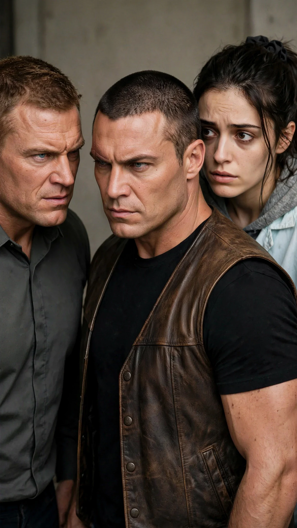 The biker steps between the woman and the man in the work shirt.