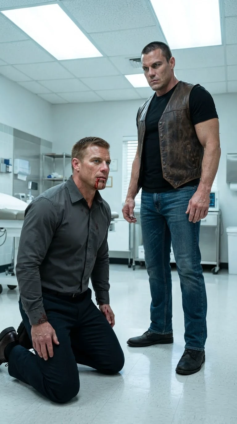 The biker stands over the bleeding man, calm and cold.