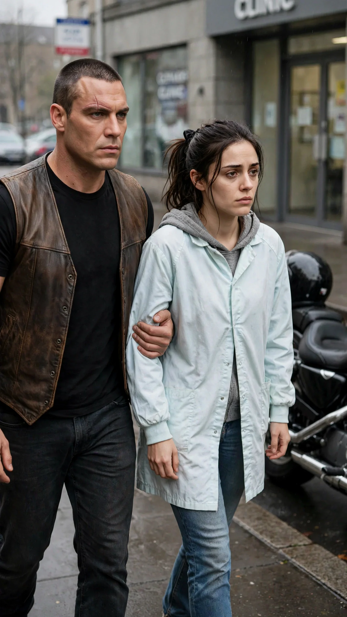 The biker leads the woman toward a motorcycle outside the clinic.
