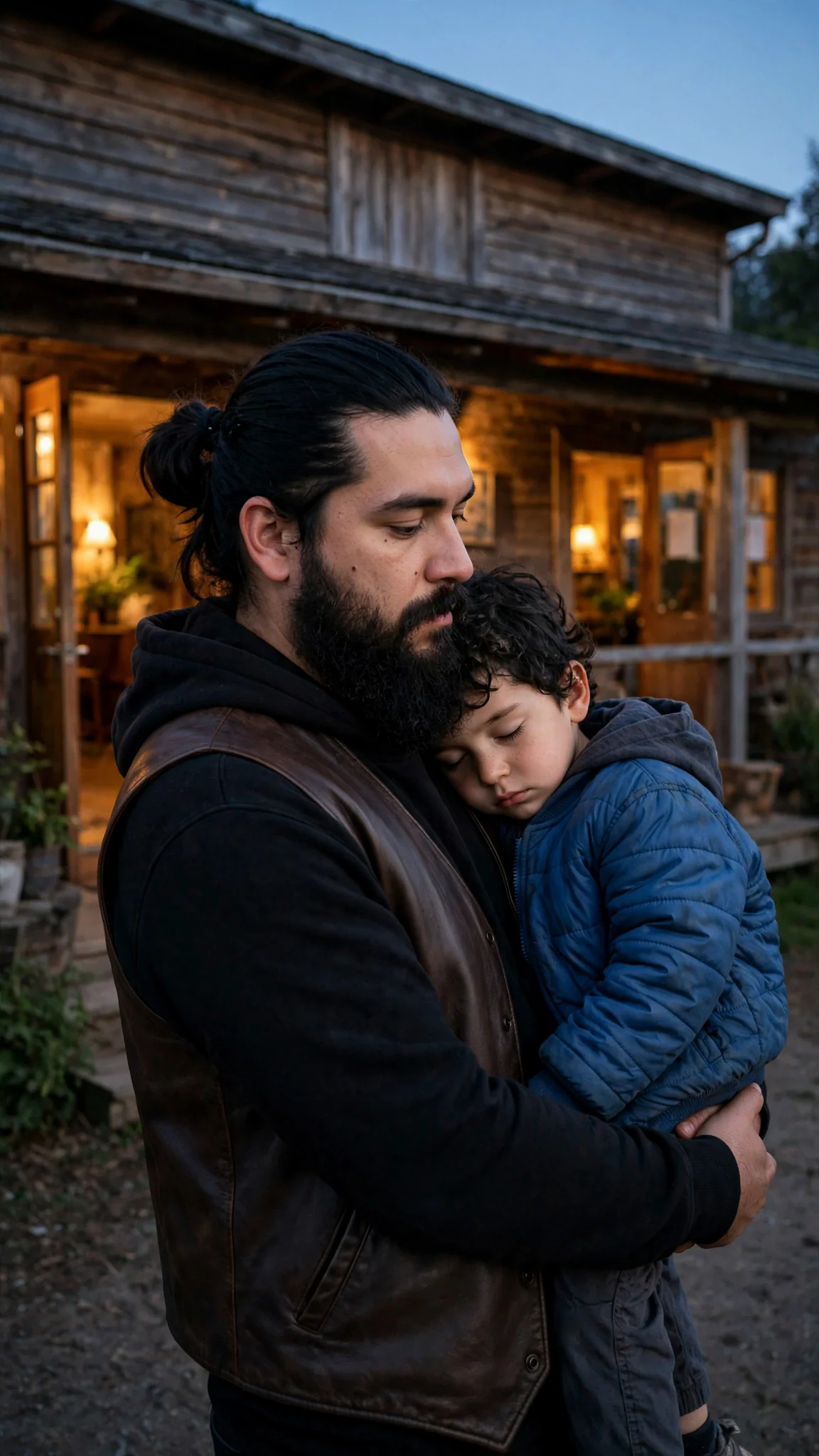 A big quiet biker holds a sleeping little boy at the clubhouse door.