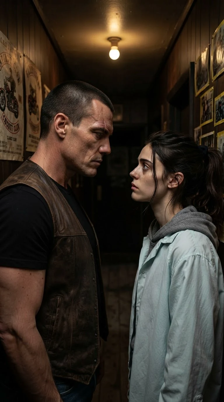 The biker and the woman stand close in a dim clubhouse hallway.