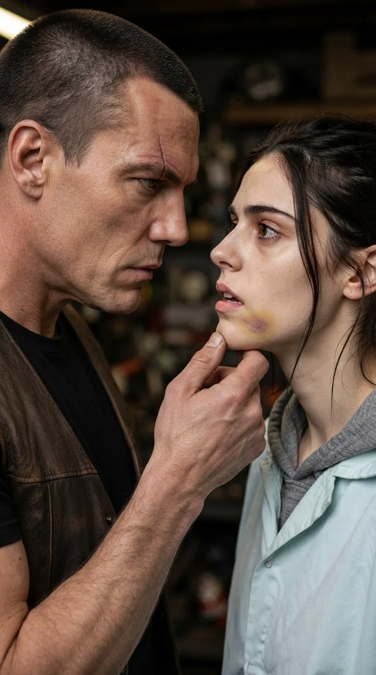 The biker tips the woman's chin with two fingers, gentle over her bruise.