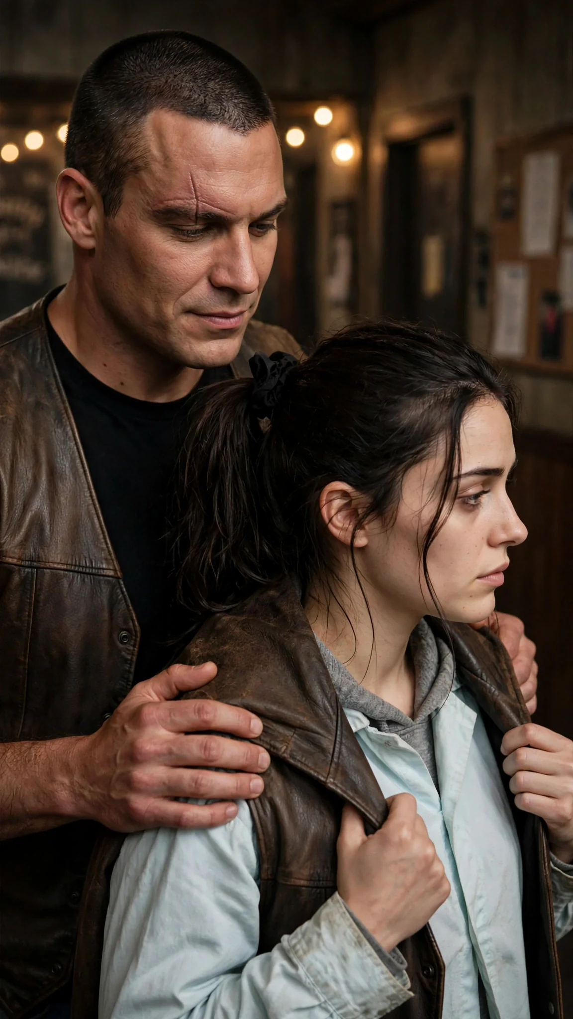 The biker puts his leather vest around the woman's shoulders.