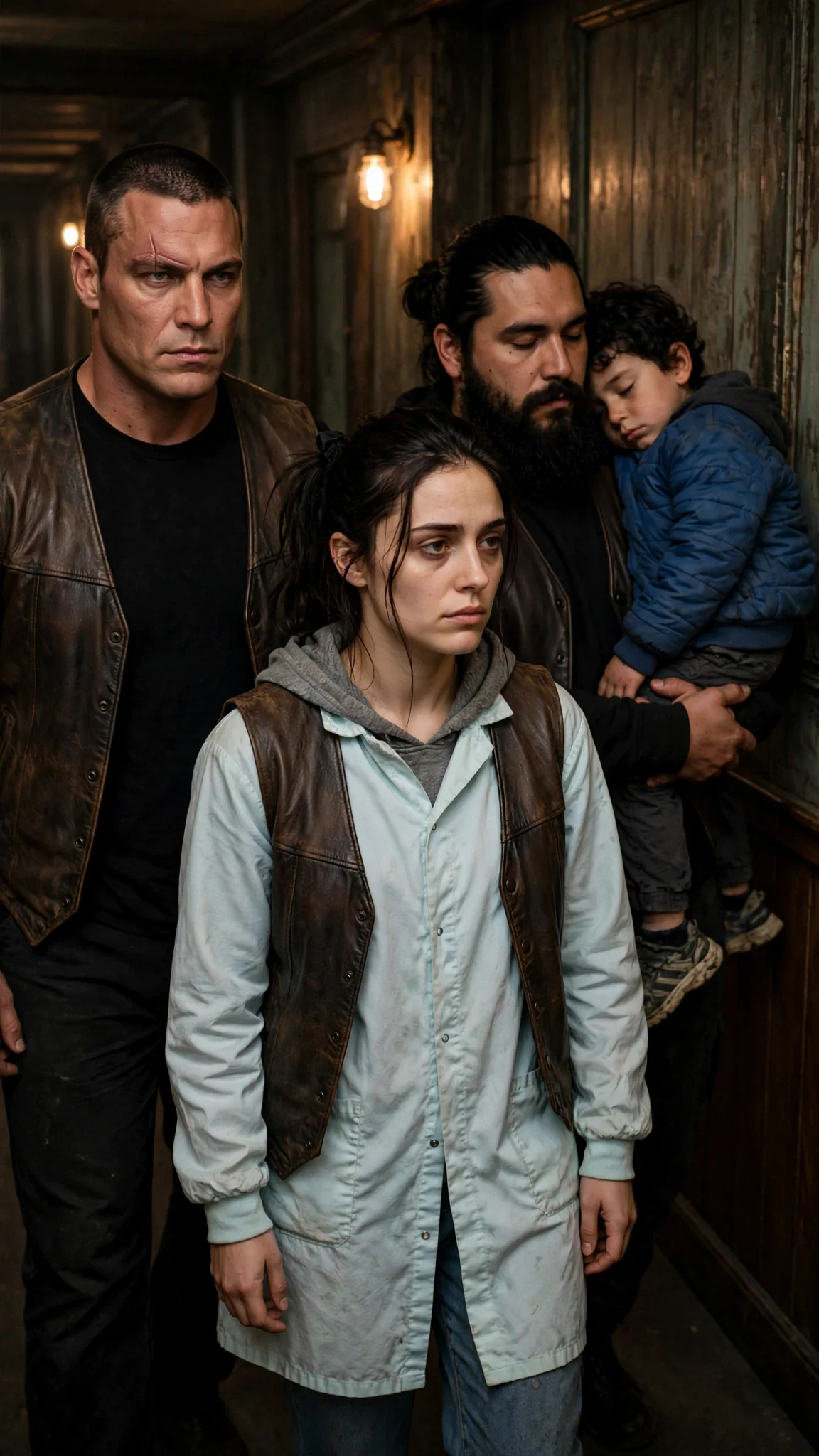 Kade walks Dara down a dim clubhouse hallway while Bode carries sleeping Cal behind them.