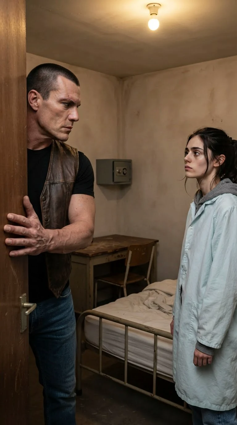 Kade closes the door of his plain room while Dara stands stiff in the middle of it.
