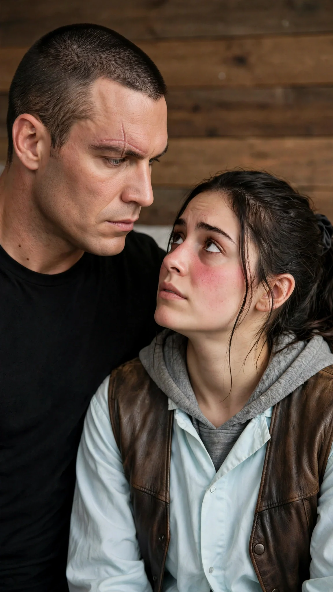 Kade stands and speaks close to Dara's face, reminding her of the waiting room.