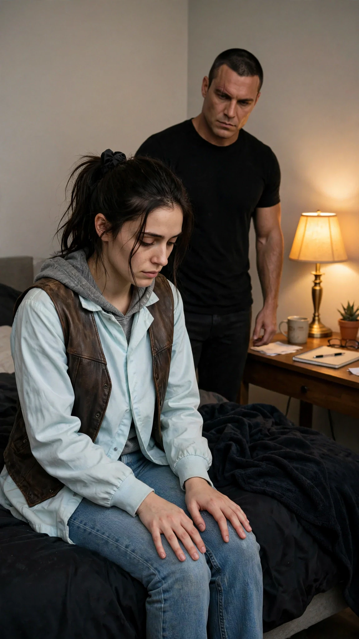 Dara sits down on the edge of Kade's bed with her hands pressed flat on her knees.
