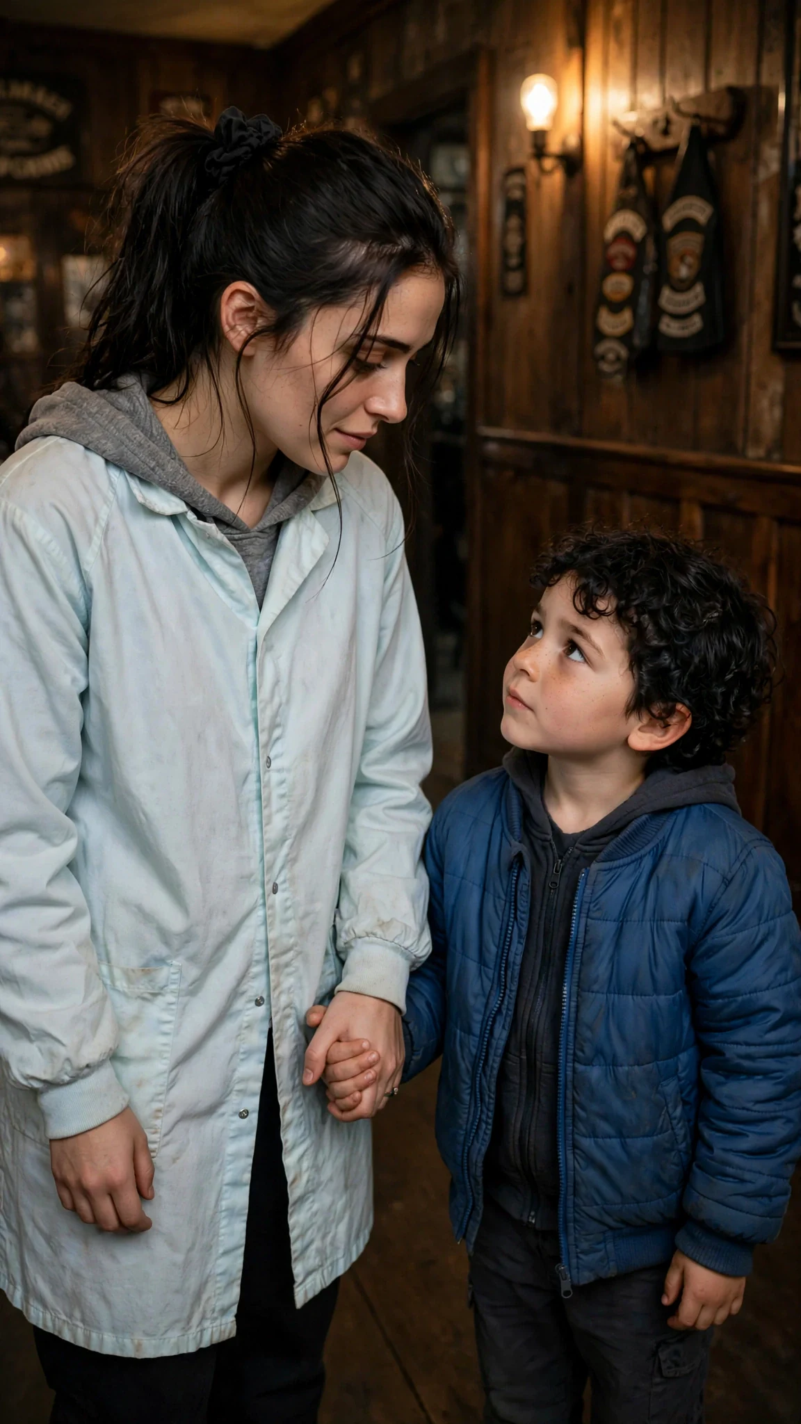 A tired young woman with dark hair stands in a dim clubhouse hallway, a small boy holding her hand.