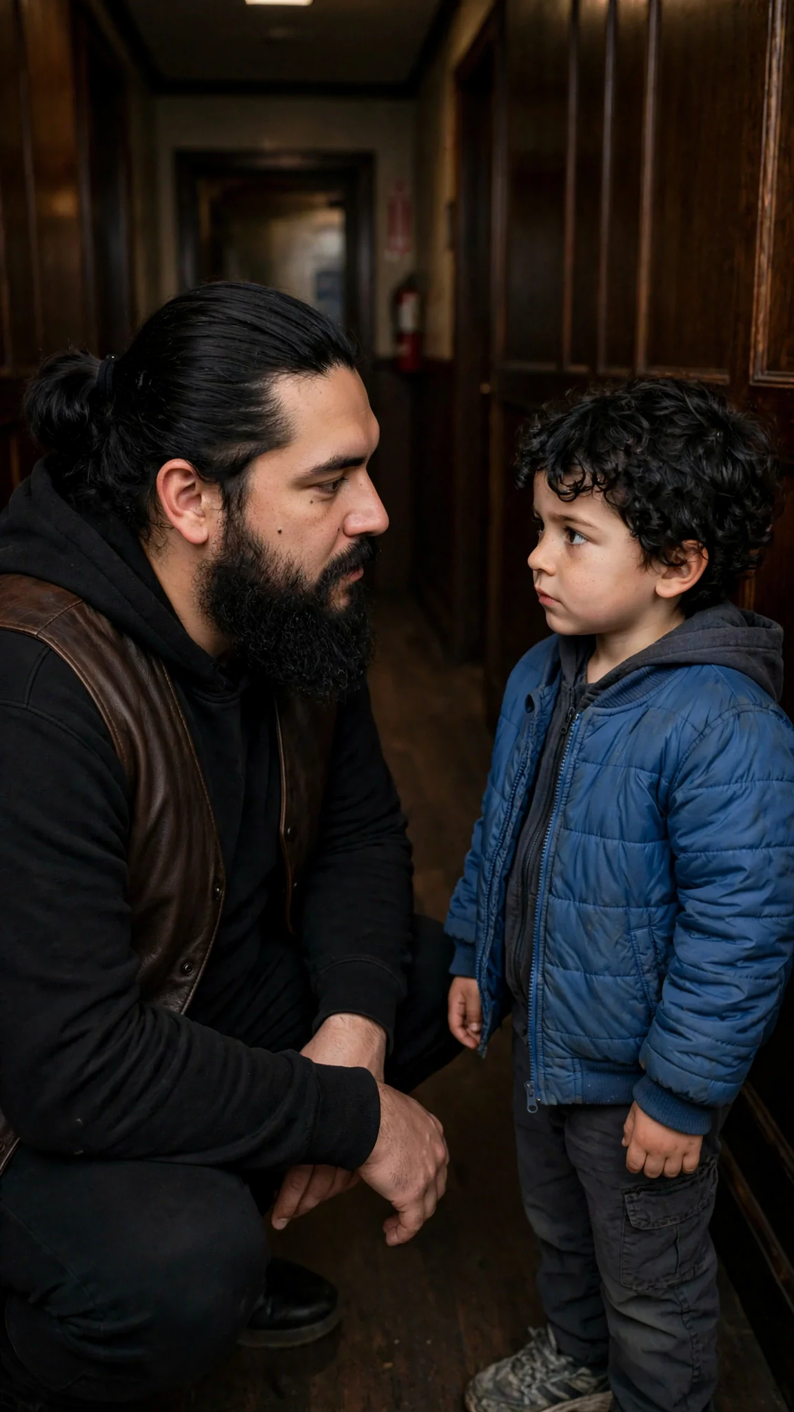 A bearded man in a black hoodie crouches to talk to a small boy in a hallway.
