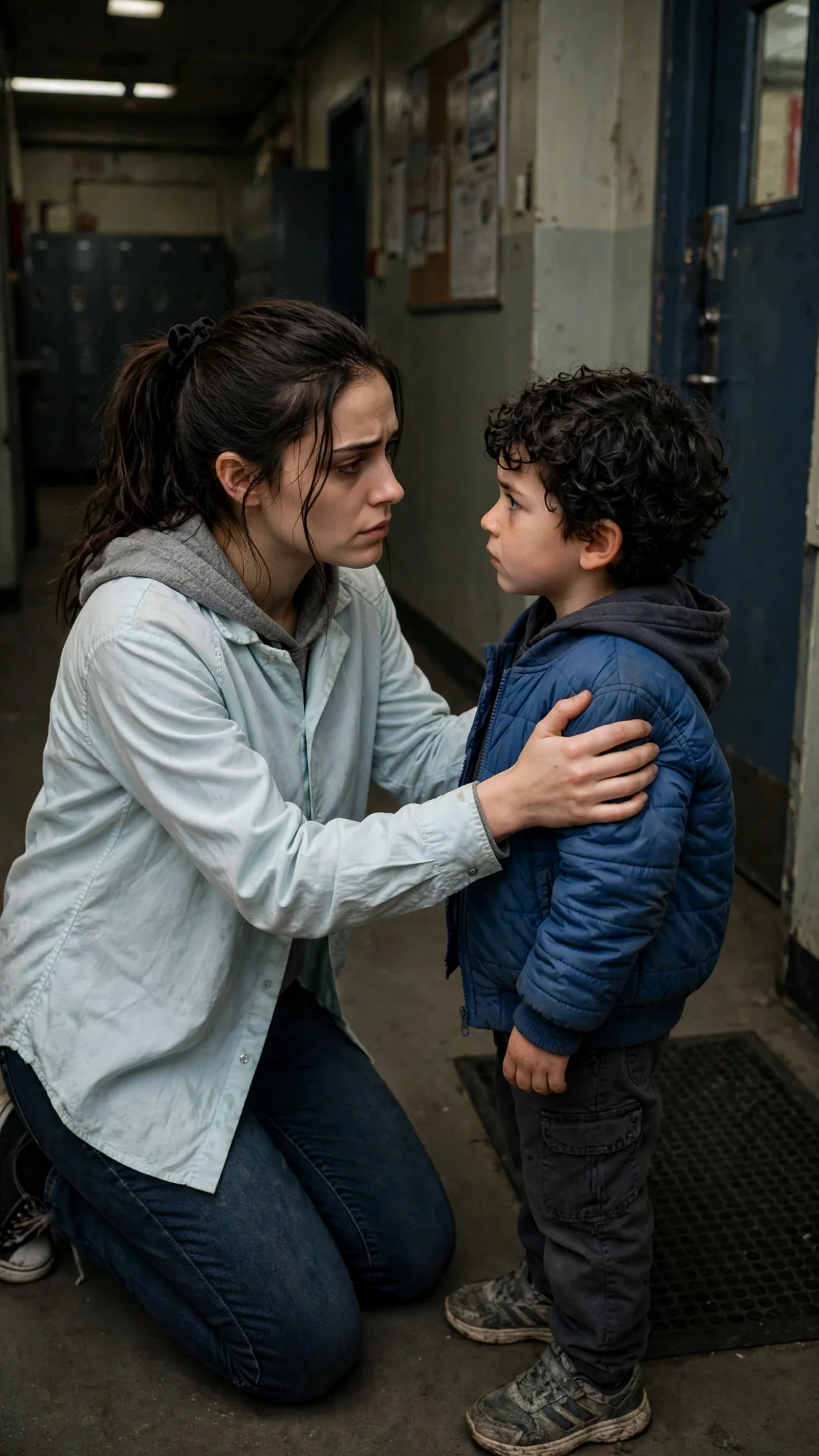 A young woman kneels in a hallway to hold her son's shoulders and look in his eyes.