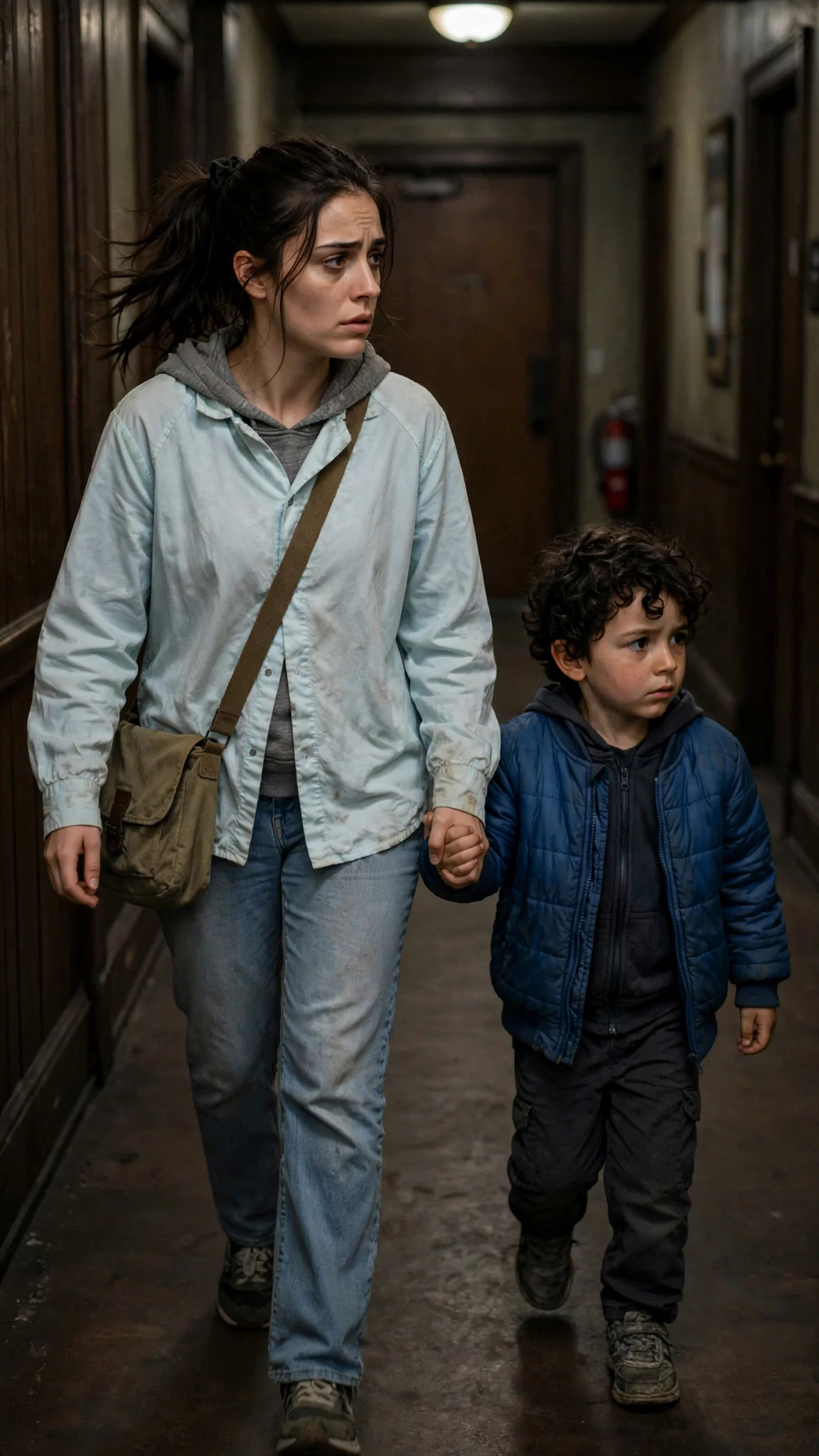 A young woman pulls her son down a clubhouse hallway toward a door, bag on her shoulder.