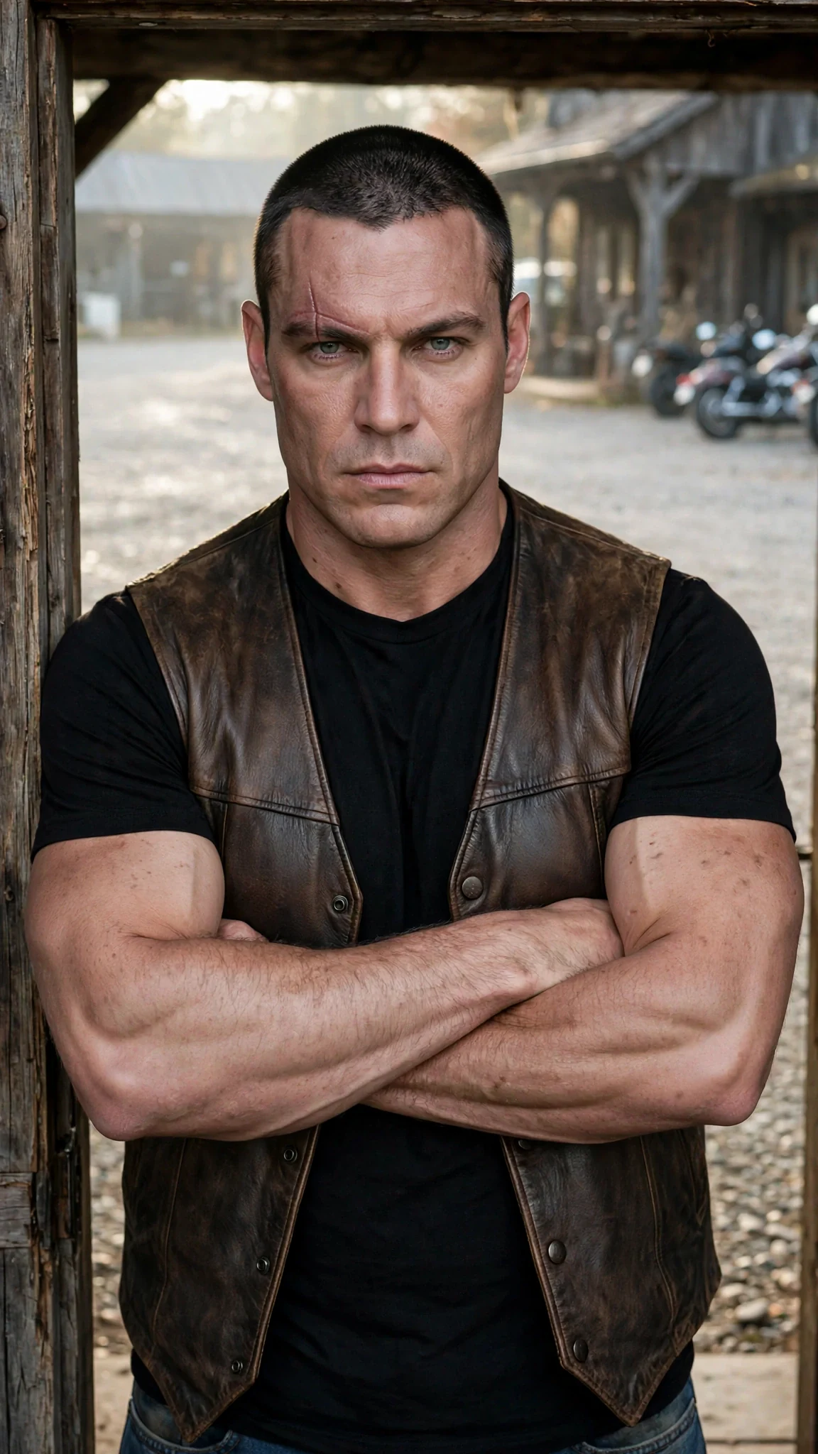 A tall, heavy-muscled man with buzzed hair and a scar through one eyebrow blocks a doorway.