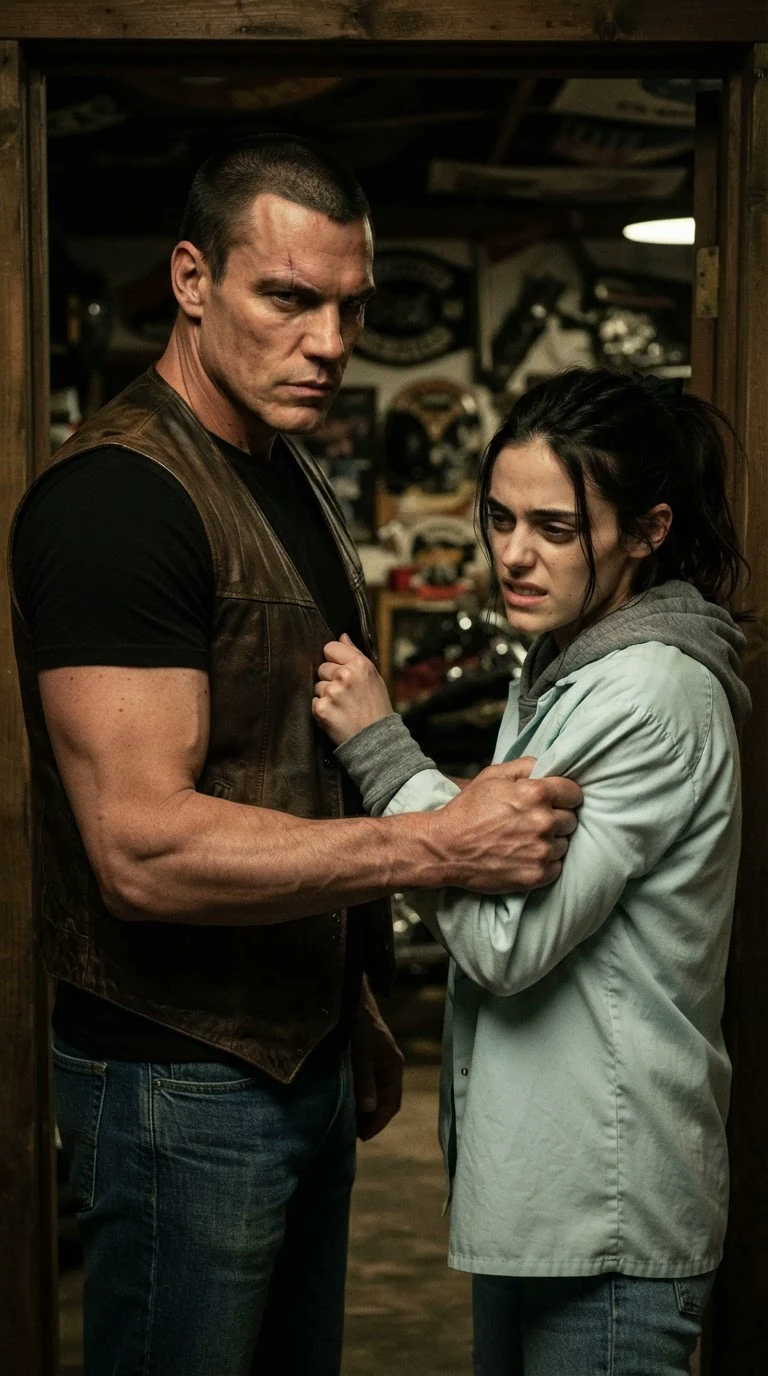 A tall man grips a young woman's upper arm hard in a doorway, her face twisted in pain.