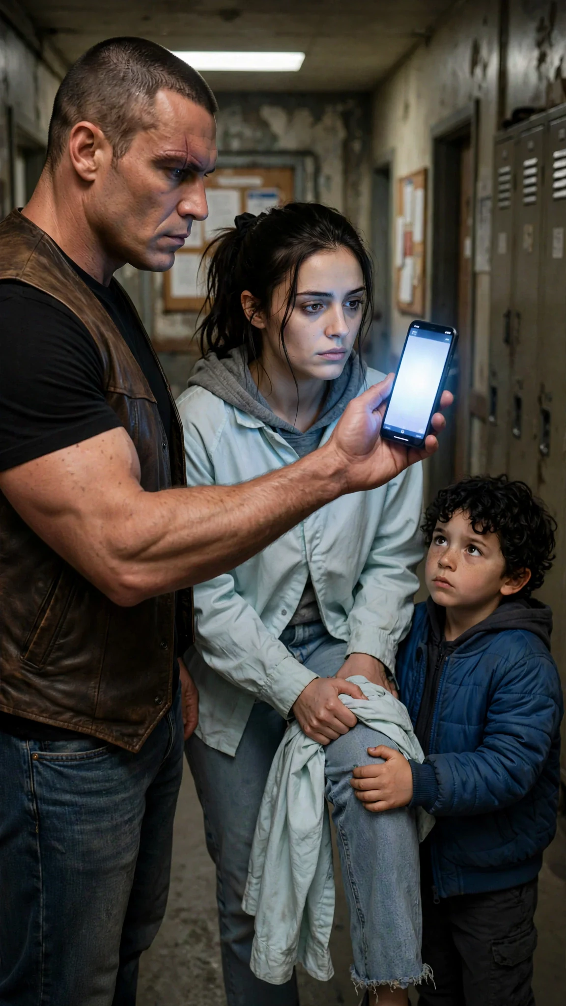 A man holds a phone up in front of a woman, her face lit by the screen, the small boy behind her.