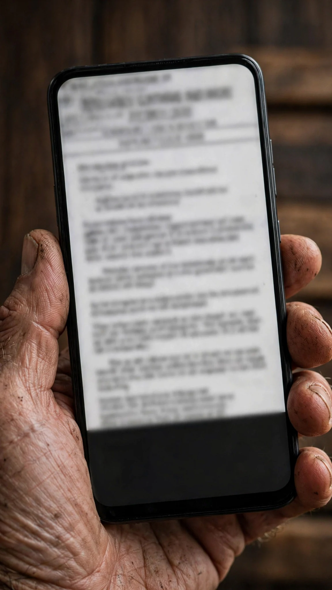 Close view of a phone screen showing a scanned legal document with a court header, held by a rough hand.