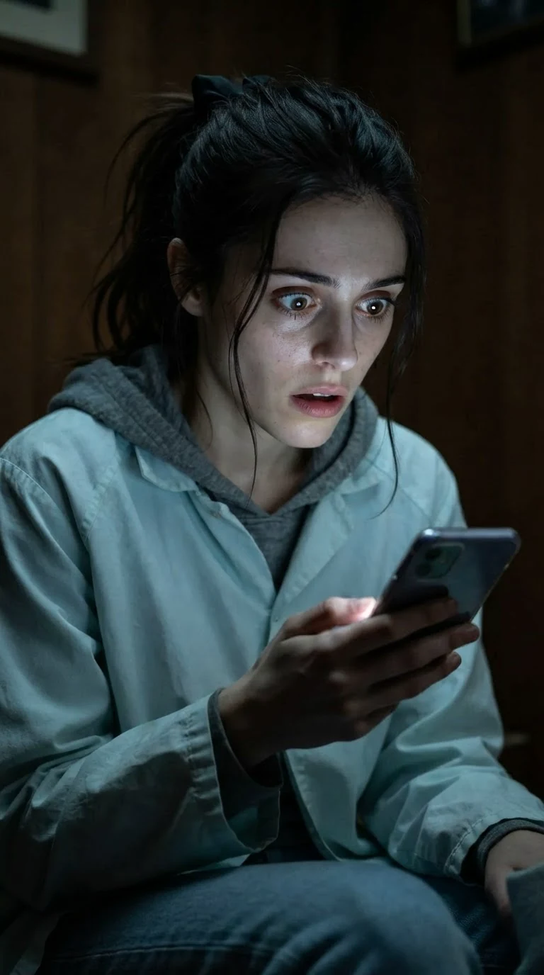 A woman's face close up, eyes wide with horror, a phone screen glowing below her chin.
