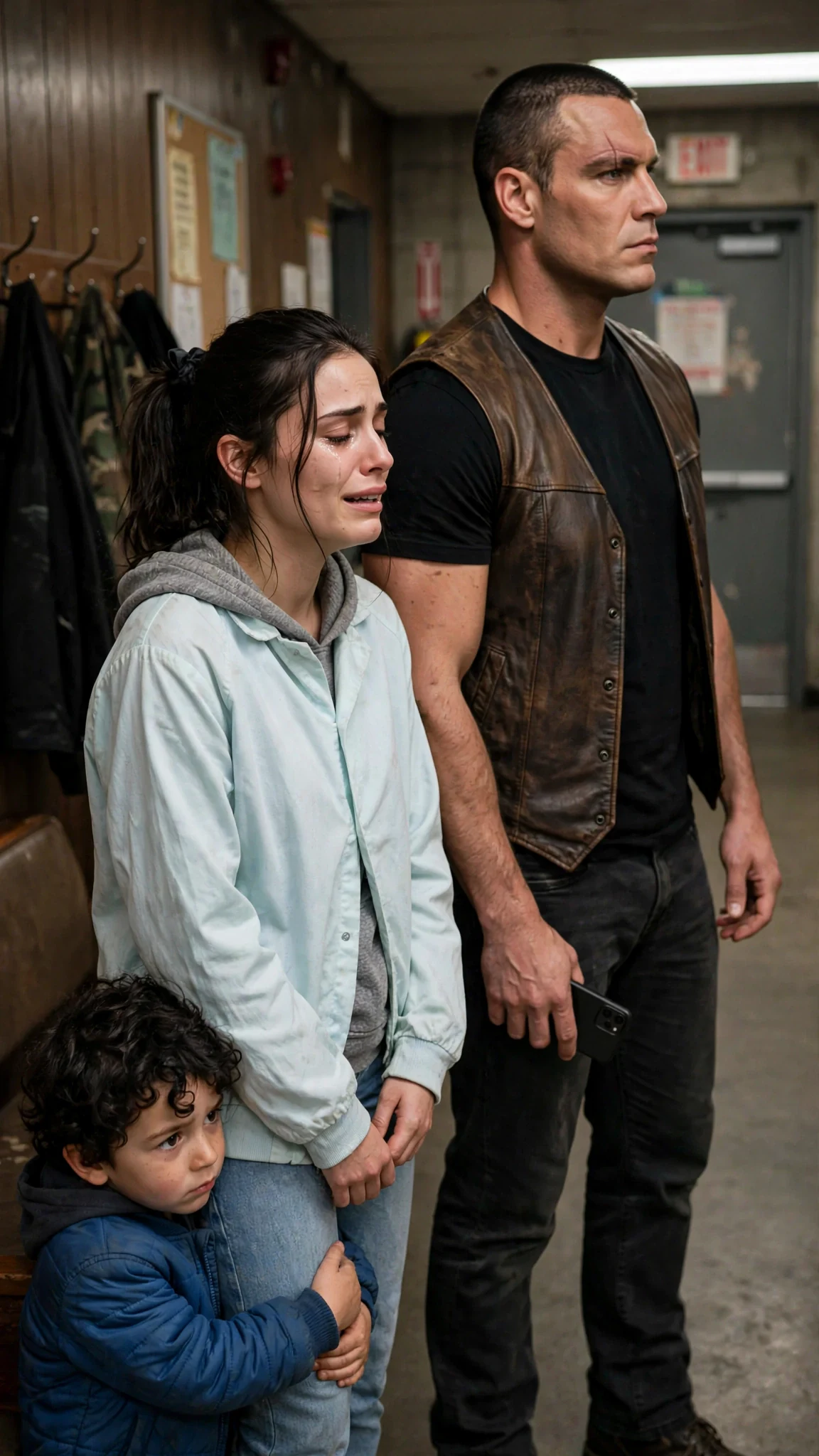 A woman shakes her head, tears in her eyes, a tall man watching her with a hard face.