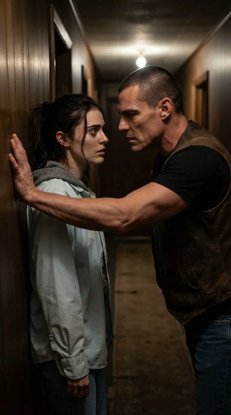 A tall man stands close to a woman, speaking low, her back against a wall.