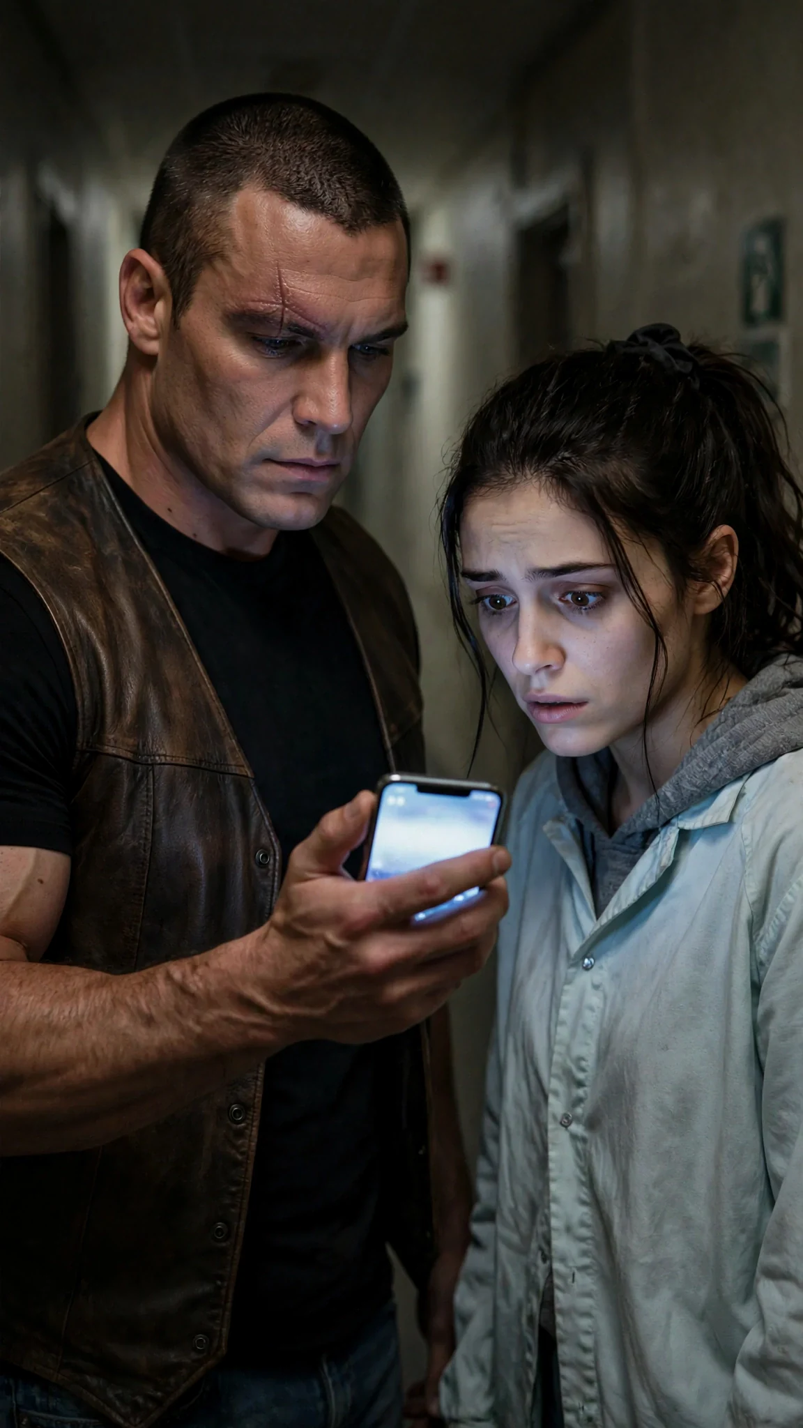 A man holds up a phone with a message thread visible, a woman reading it, her face going pale.