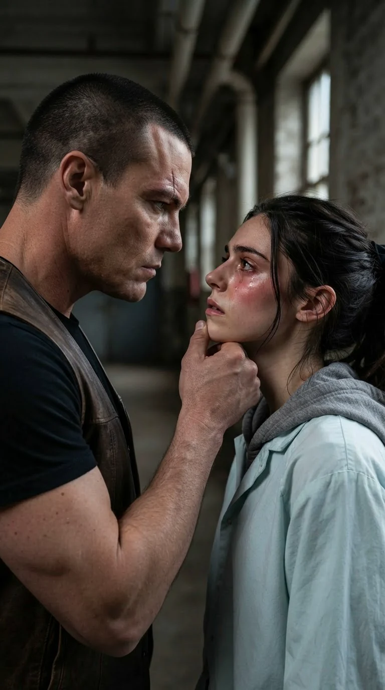 A tall man grips a woman's chin and makes her look at him, his face inches from hers.