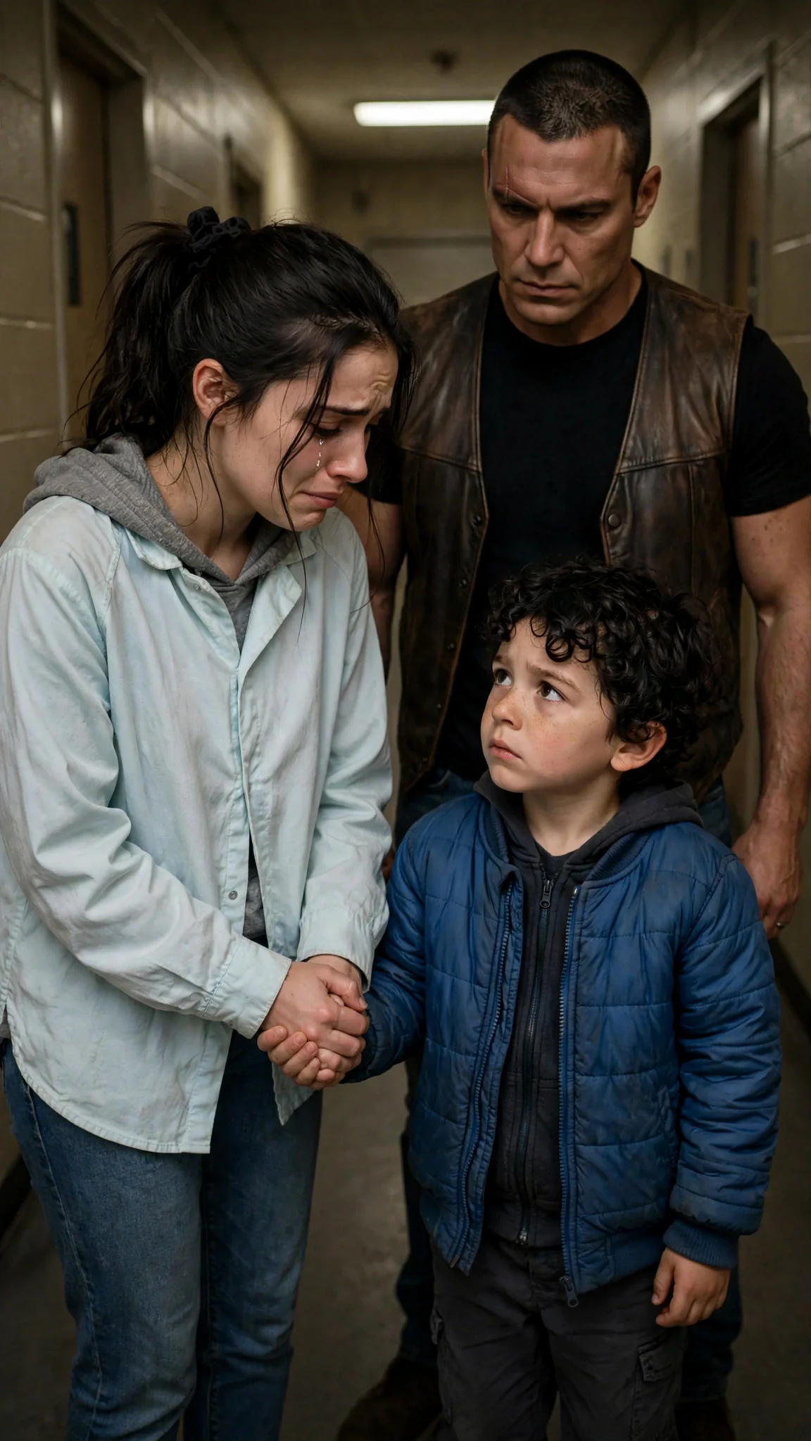 A woman looks down at her son in a hallway, her face breaking, then back up at a tall man.