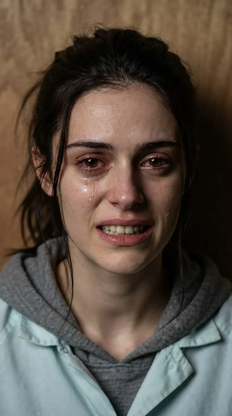 A woman's face close up, tears and fury and shame mixed, a man's shadow over her.
