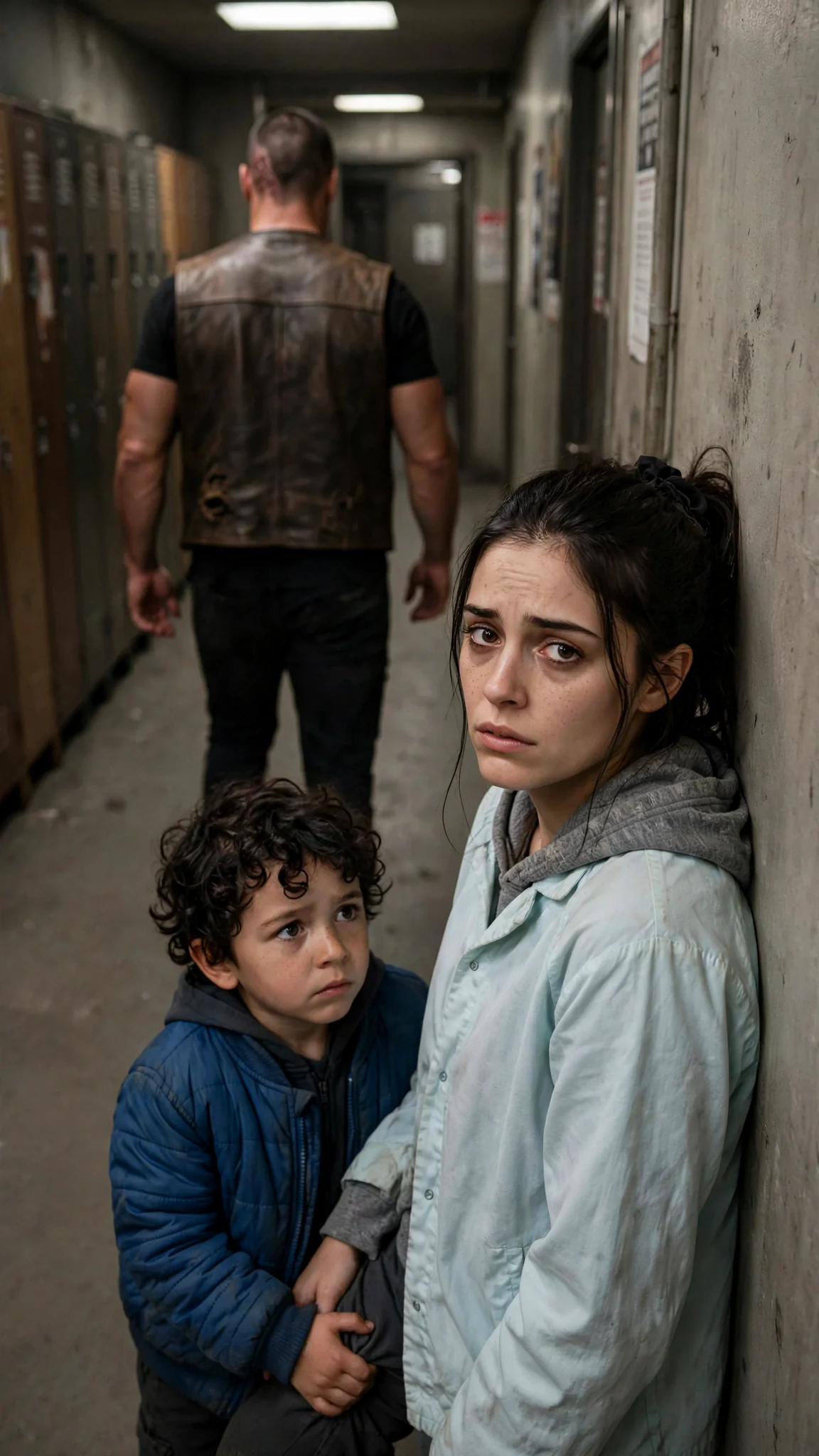 A tall man walks away down a hallway, a woman left standing against a wall with her son.