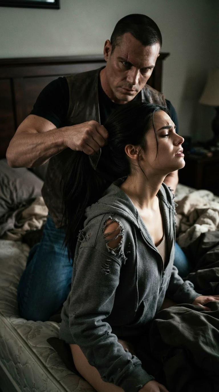 Kade kneels behind Dara with her ponytail wrapped in his fist.