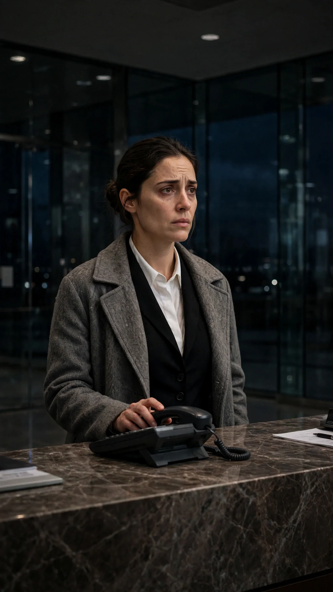 A tired young woman at a dark lobby desk as the lights fail around her.