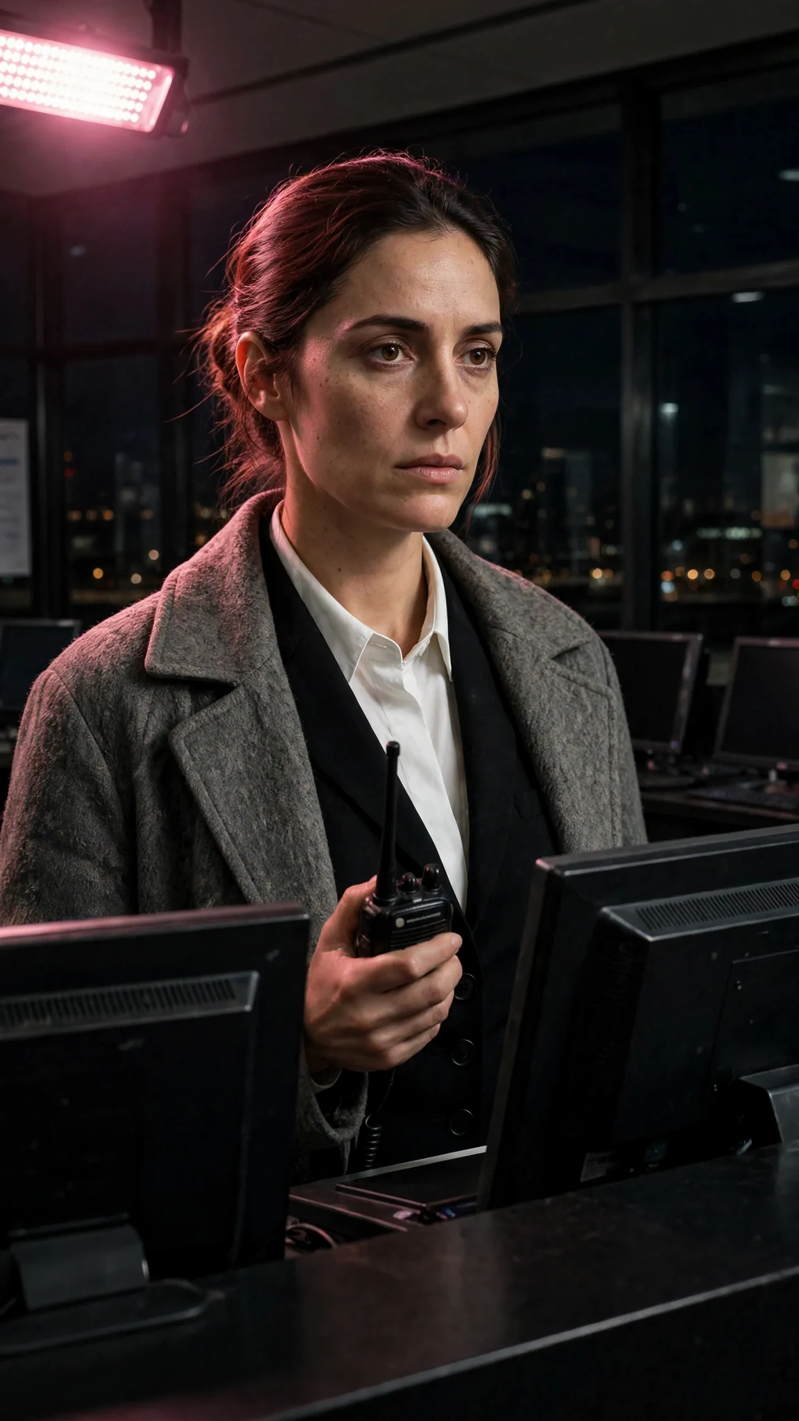 A woman's face lit pink by emergency lights above dead screens.