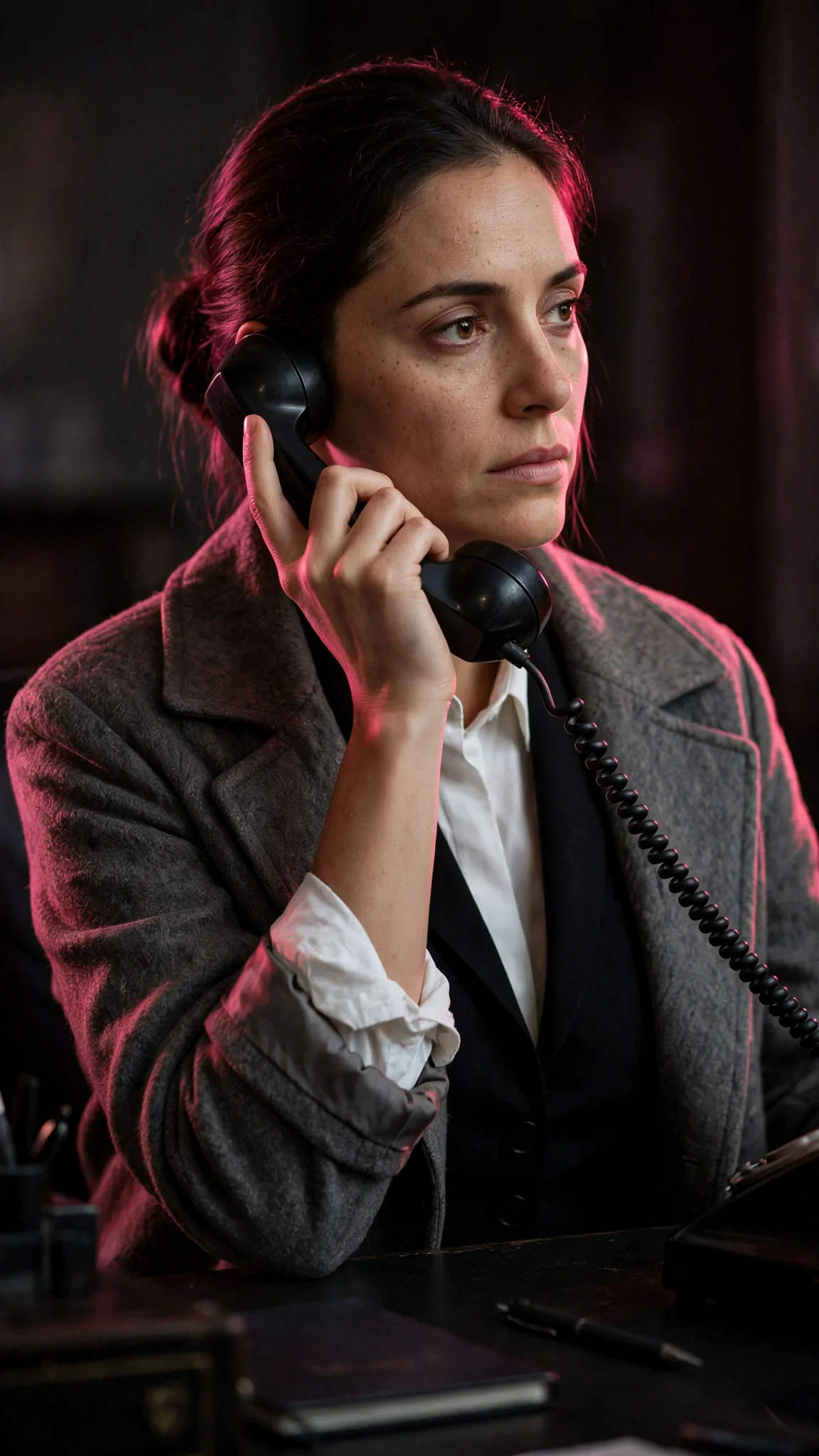 A woman lifts a heavy old telephone receiver in a dark lobby.
