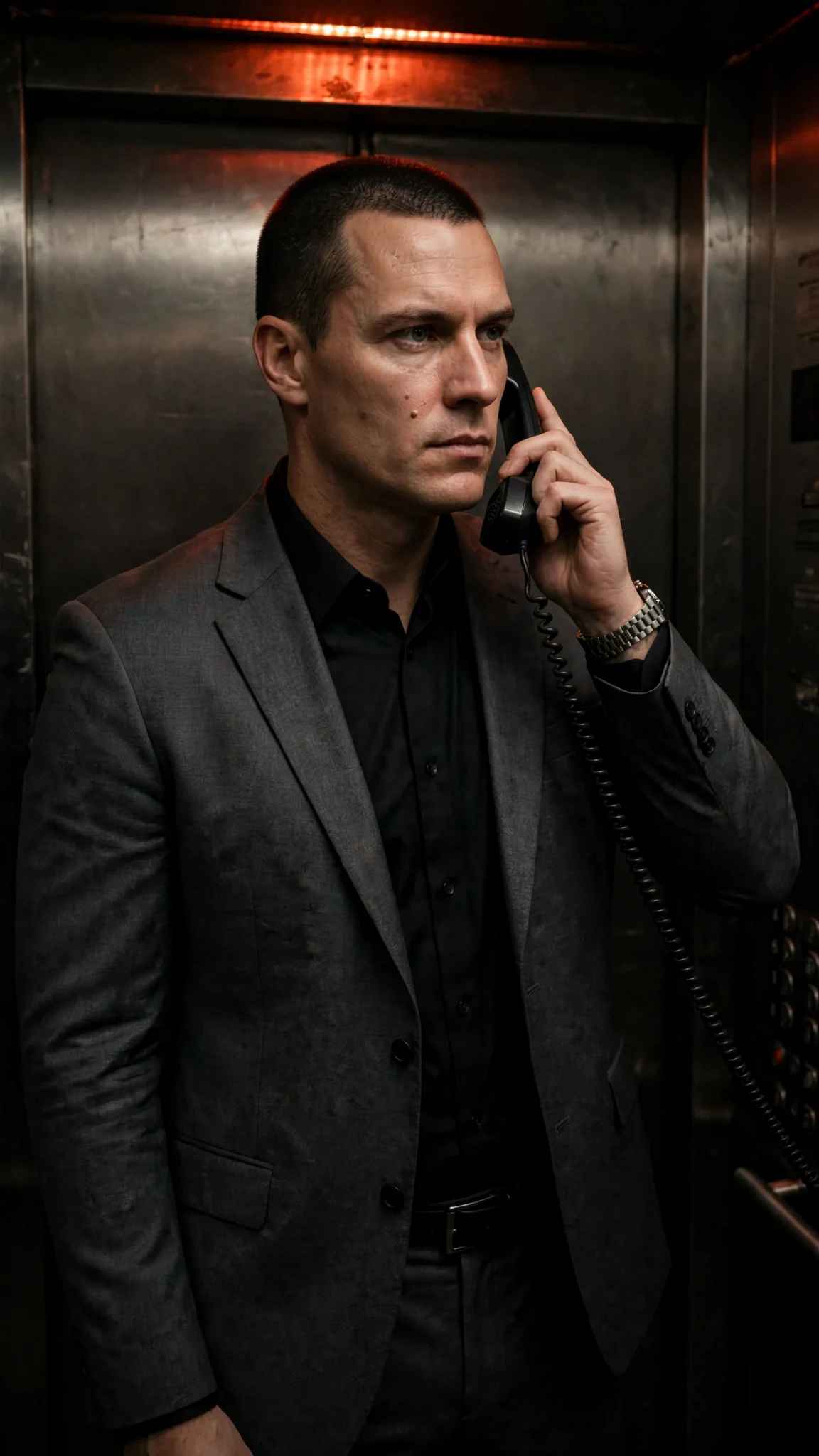 A man in a dark suit stands inside a stalled elevator, phone to his ear.