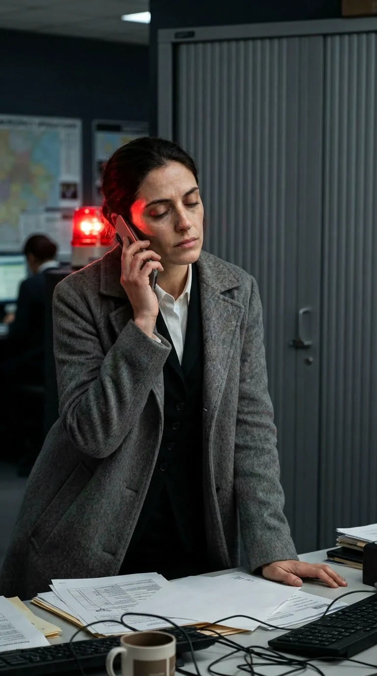 A woman presses a phone to her ear, jaw tight, in a dark lobby.