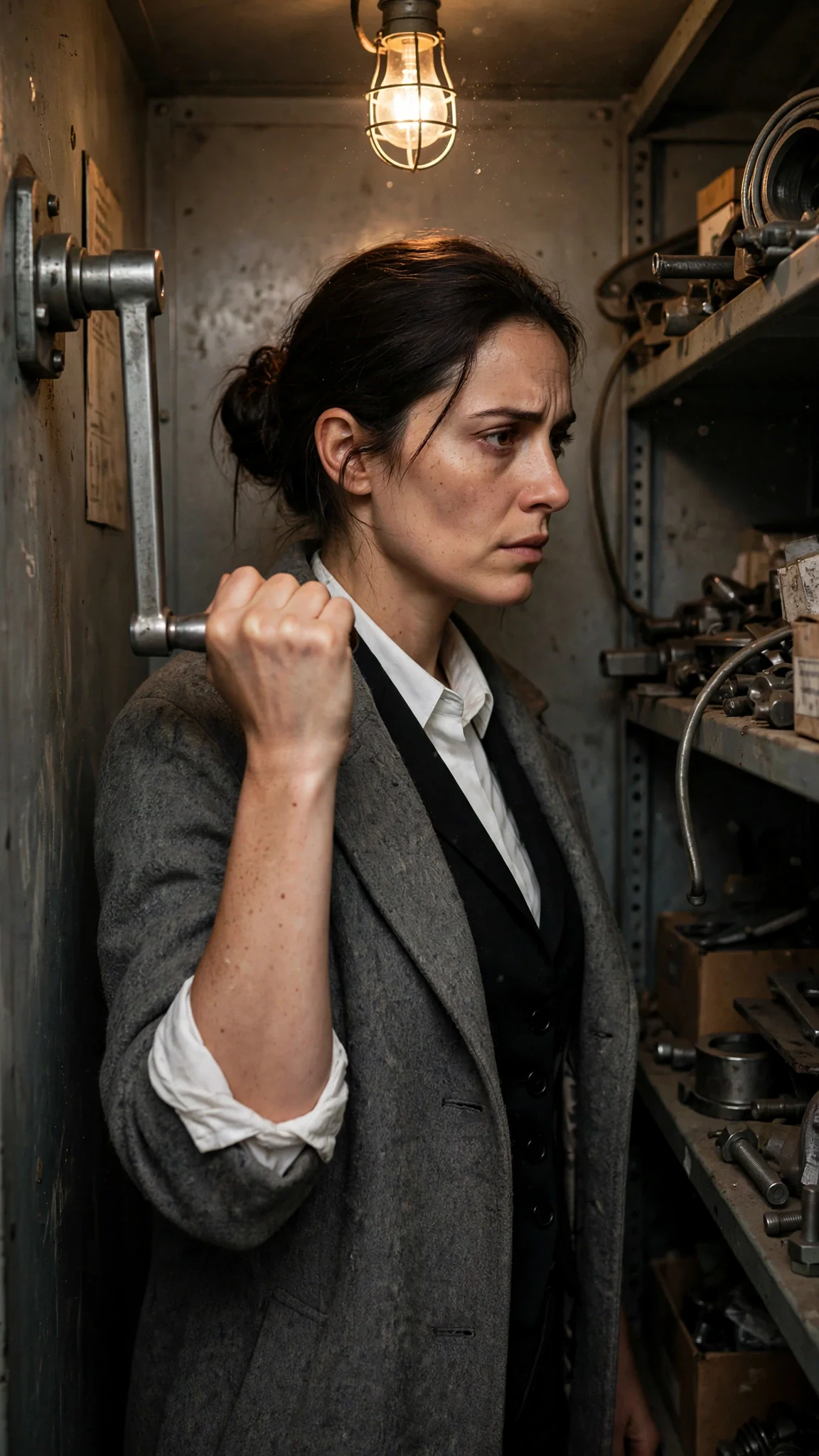 A woman pulls a heavy steel crank from a supply closet.