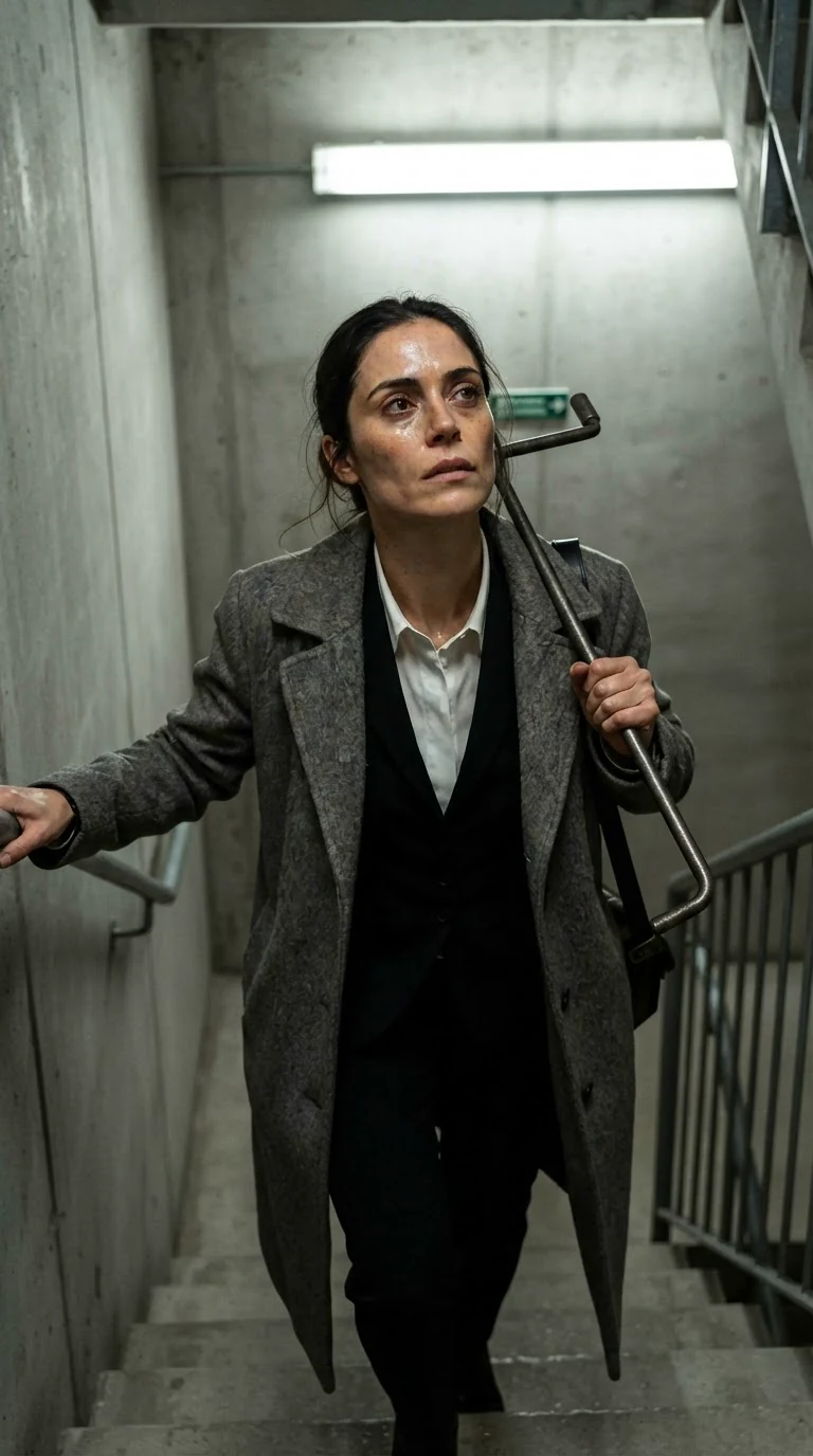 A woman climbs a concrete stairwell with a steel crank over her shoulder.