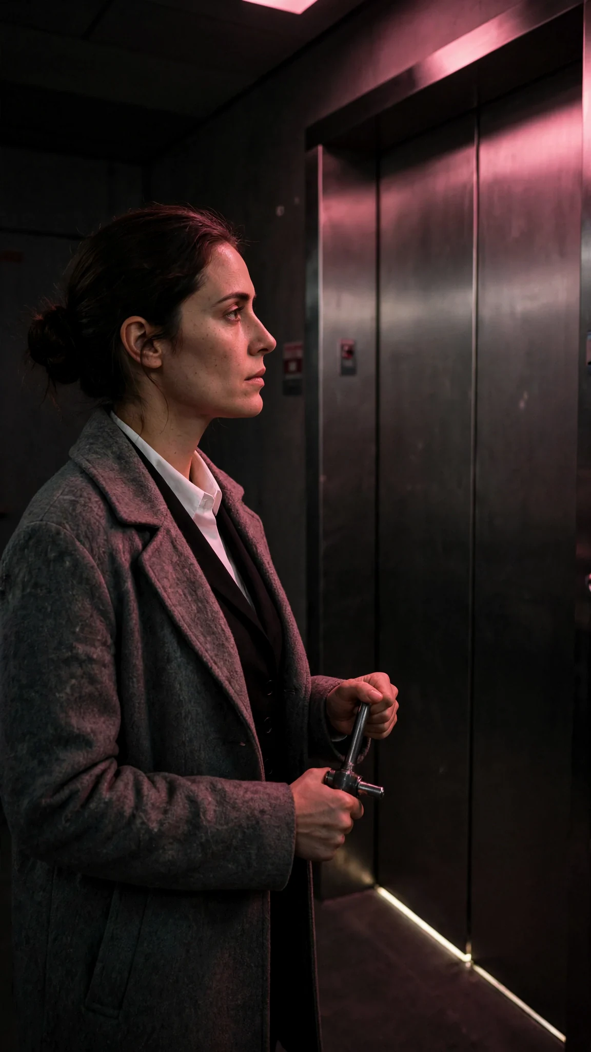 A woman stands before stalled elevator doors with a line of light beneath them.