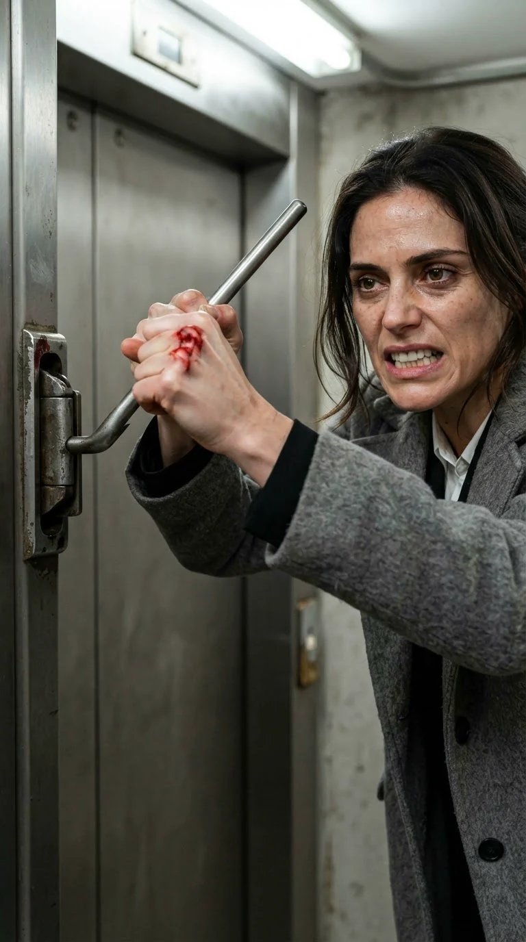 A woman drives a steel crank into the elevator door slot with both hands.