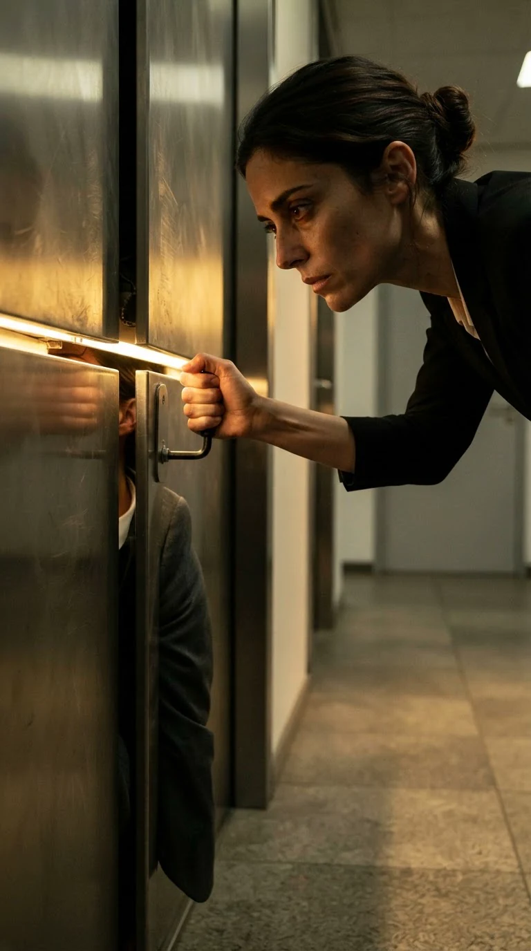 Elevator doors part a hand's width, light spilling into a dark corridor.